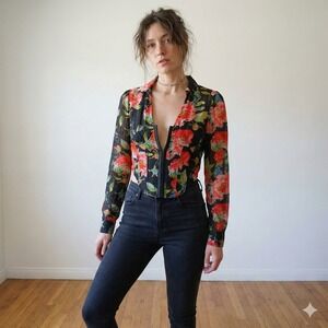 Bebe Corset Top Womens 0 Hook Eye Blouse Black Floral‎ Print Romantic Boho NWT